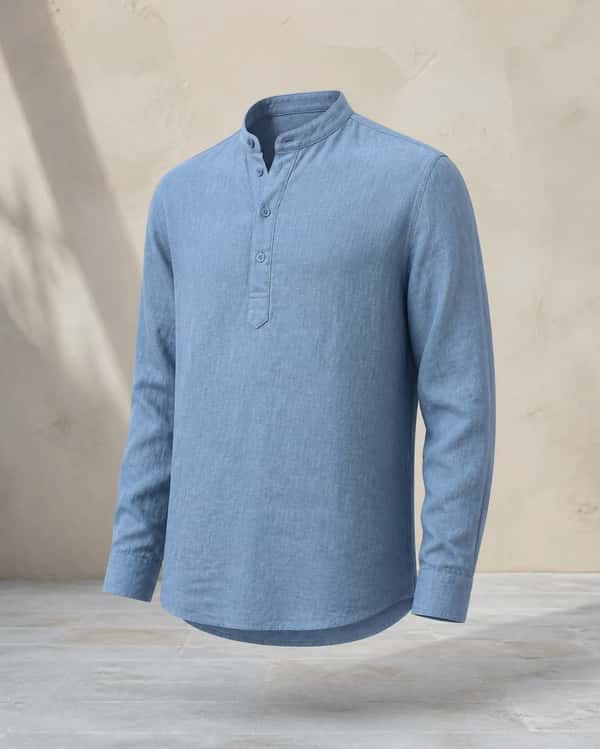 Band-Collar Linen Shirt – Dust Blue
