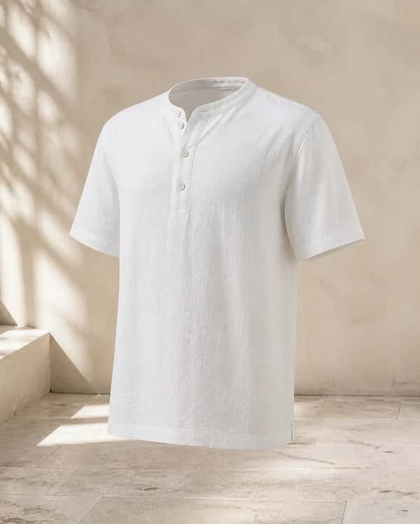 Short-Sleeve Linen Henley – White